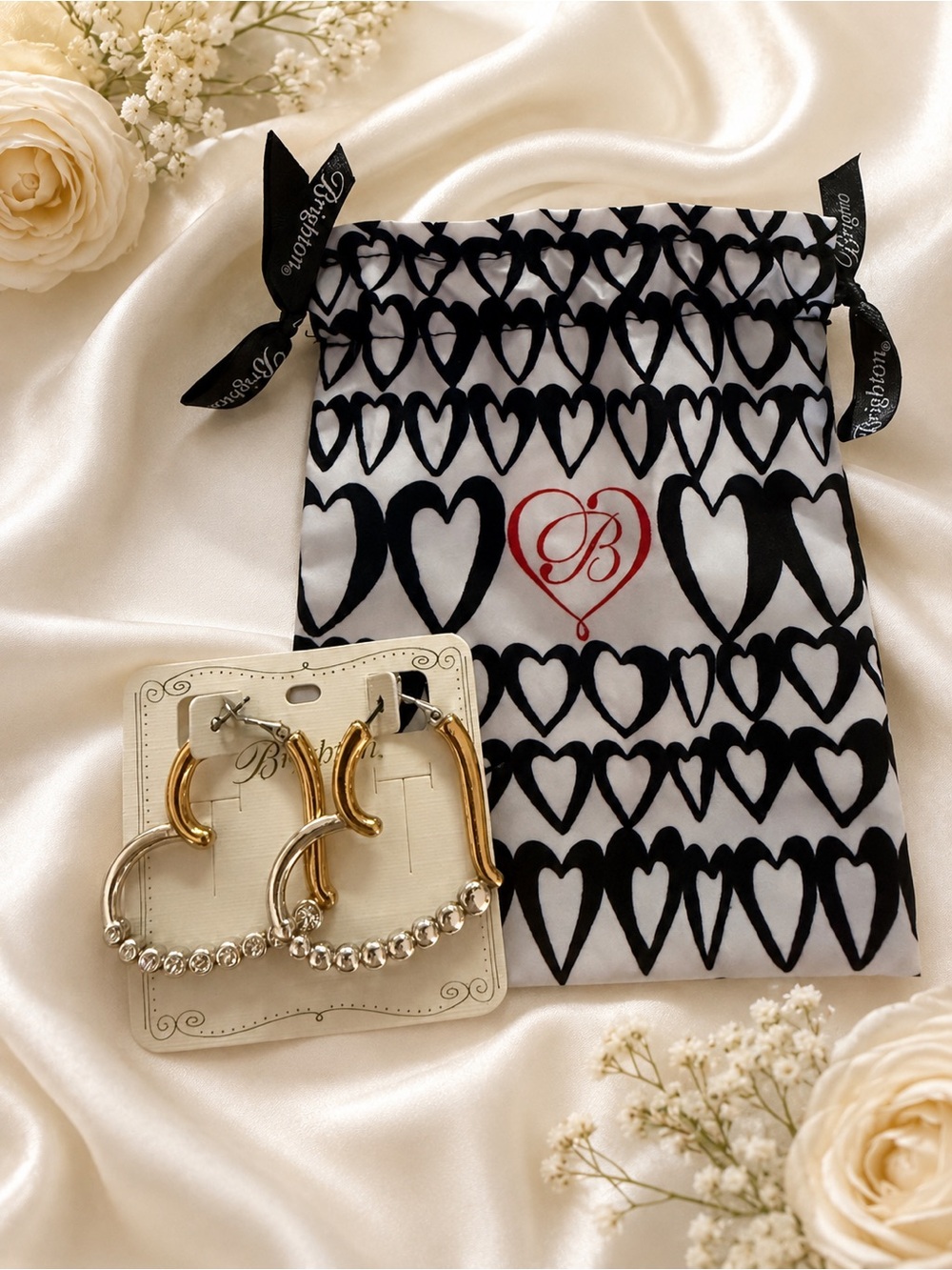 Brighton Gold and Silver Heart Hoop Earrings with Crystal Accents